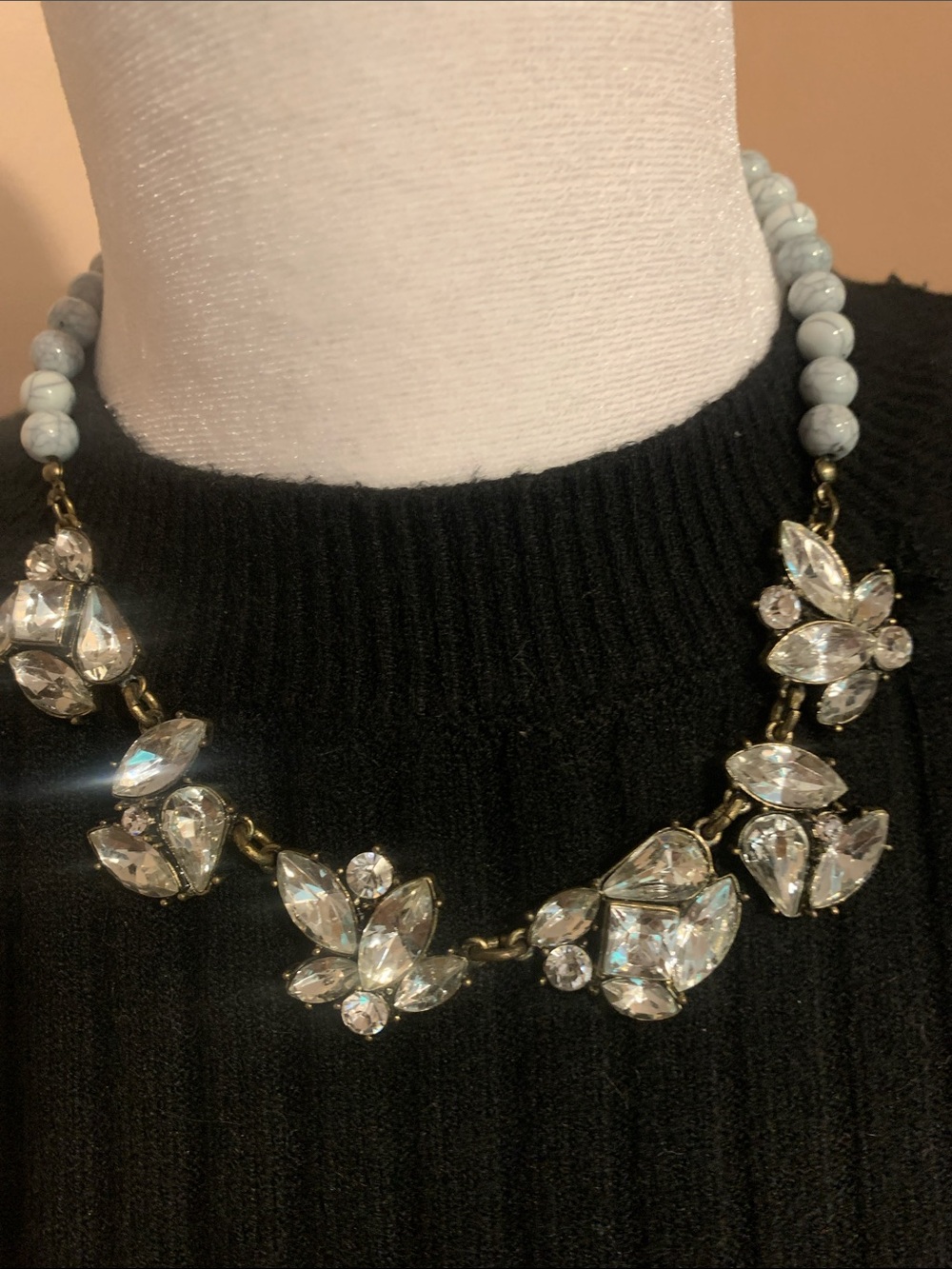 Clear Crystal Statement Necklace with Light Blue Bead Chain